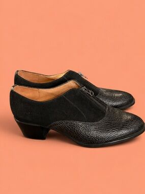 Black Leather & Suede Zip Front Low-Heel Flats